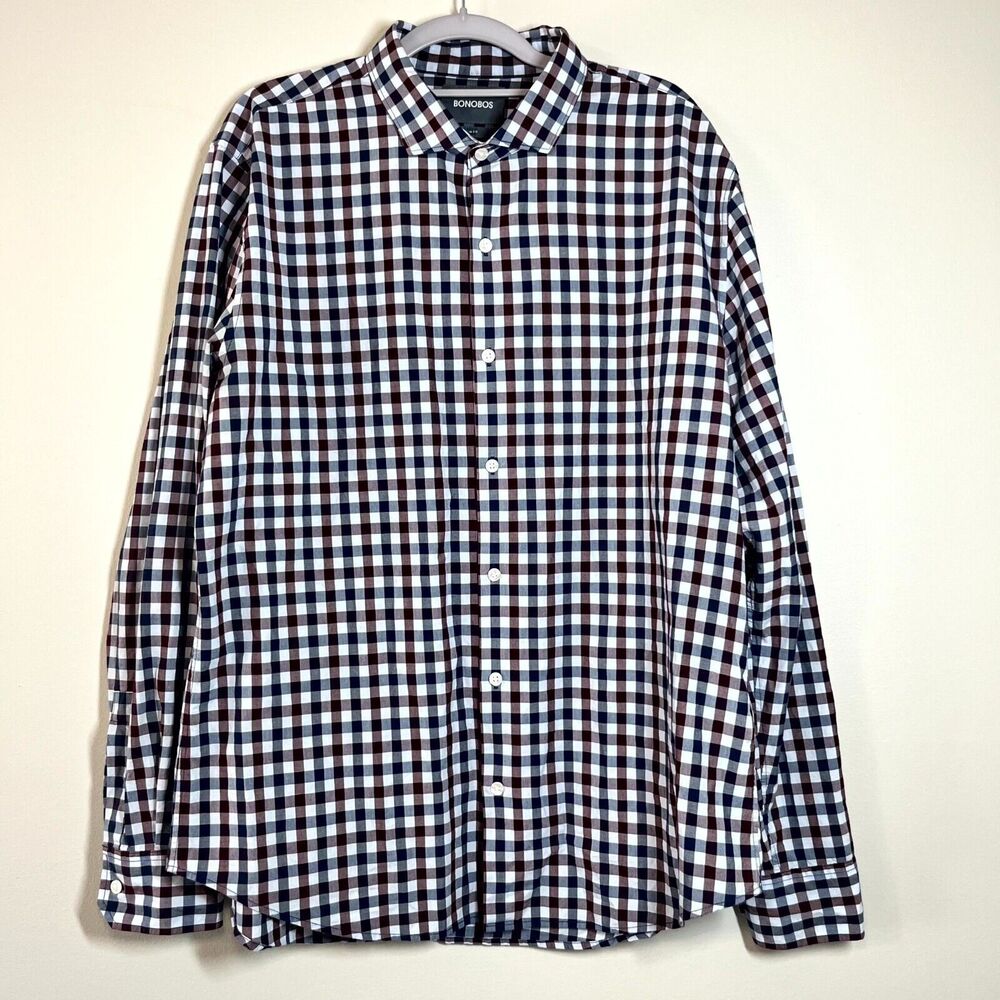 Bonobos Mens Shirt XL Slim Blue Red Gingham Plaid Check Checkered Long Sleeve